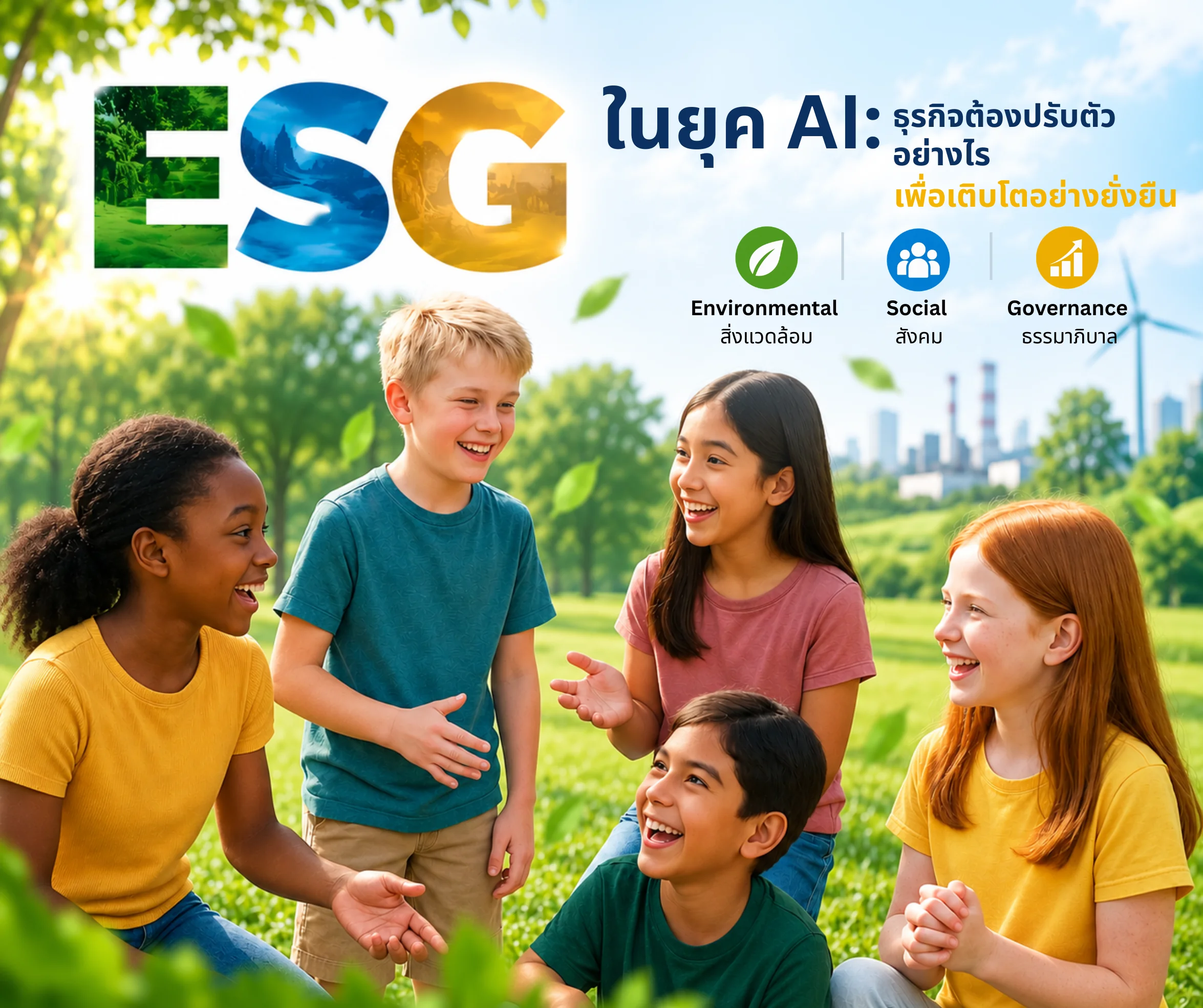 เด็กหลากหลายเชื้อชาติในพื้นที่สีเขียว พร้อมข้อความ ESG ในยุค AI และสัญลักษณ์สิ่งแวดล้อม สังคม และธรรมาภิบาล